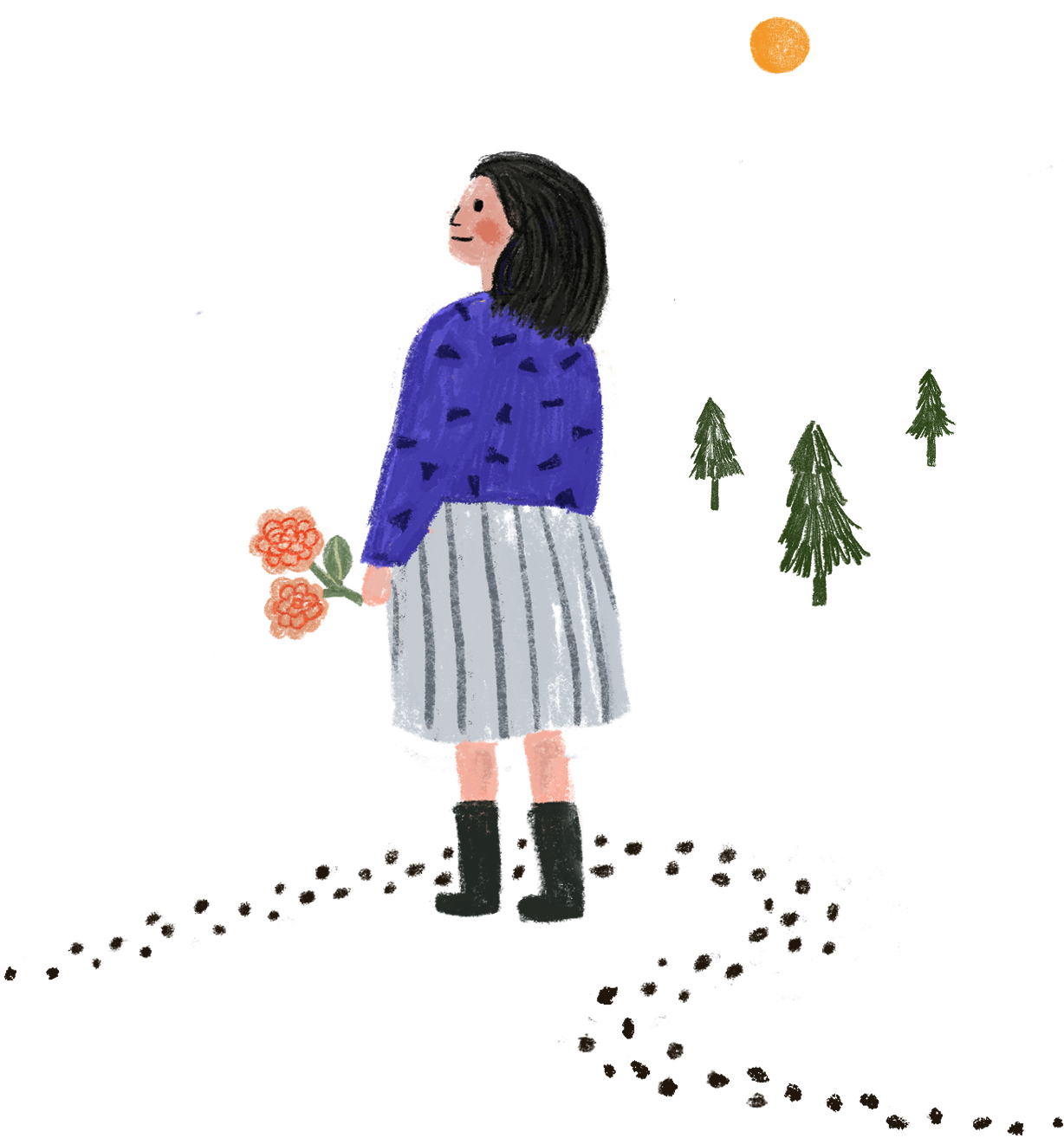 Illustration of Julie holding flowers, standing on a path among trees
